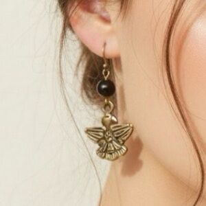 HAND CRAFTED Thunderbird EARRINGS Onyx Gold Charm Drop NWT